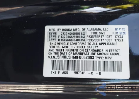 2015 Honda Odyssey Ex-L z USA, uszkodzony, nr VIN 5FNRL5H68FB062003